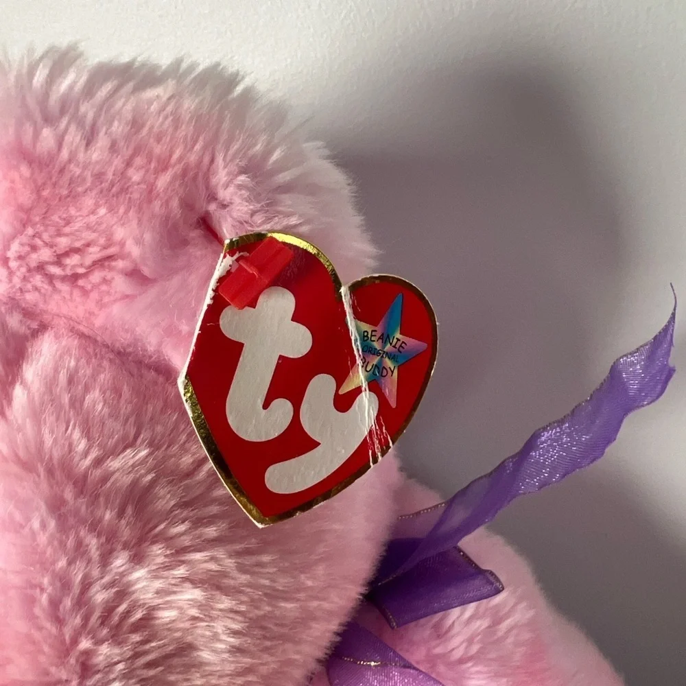 Ty Beanie Buddy “Eggs” Pink Easter Bear with Purple Ribbon 2001 Vintage Y2K - Picture 3 of 6
